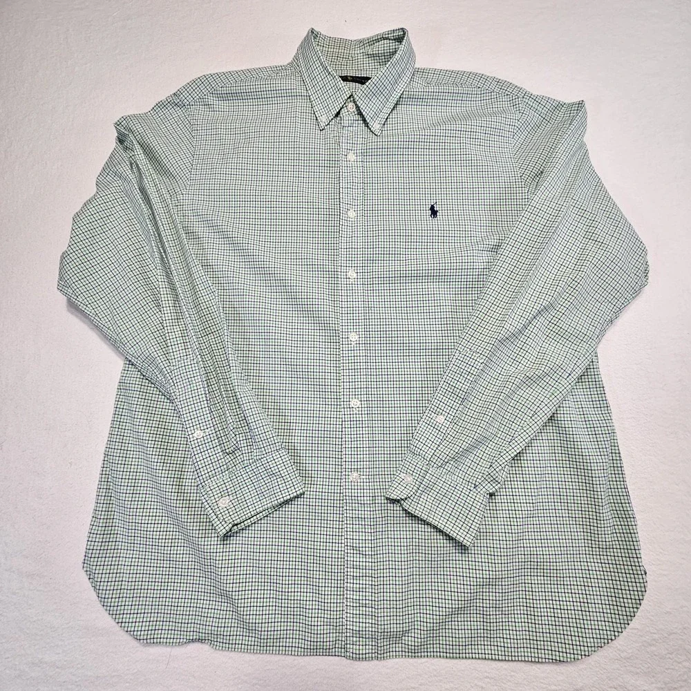 Ralph Lauren Mens Shirt 17.5 Green Blue Checked Button Down Pony Long Sleeve